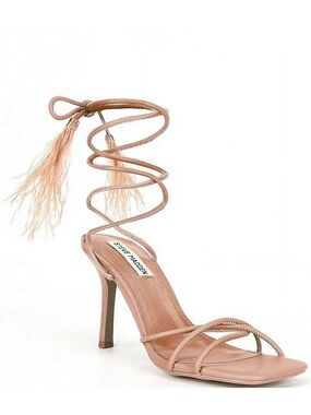 Steve Madden Bryden Feather Lace Up Heels Nude Stiletto Sand Sandals NWOB